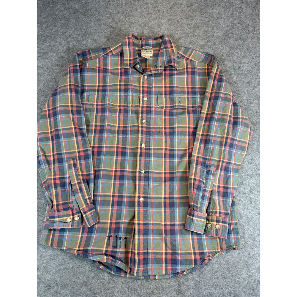 LL Bean Button Up Shirt Mens Medium Green Plaid Traditional Fit Workwear Western